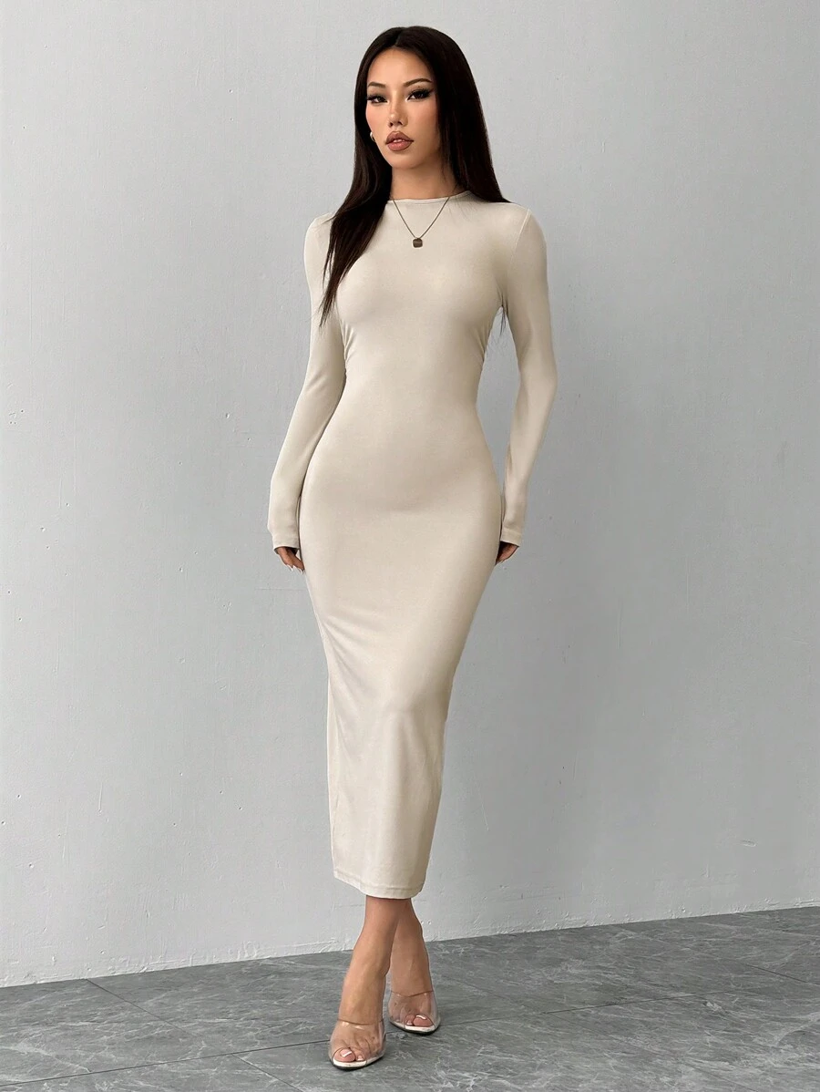 SHEIN PETITE Solid Color Pleated Waist Black Long Sleeve Dress - Apricot - View 1