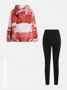 SHEIN Áo khoác trùm đầu chống thấm nước in chữ và núi cho bé gái tuổi mới lớn và quần thường ngày 2 món - trái cam - Xem 4