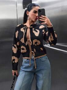 EURMUSE Women Leopard Pattern Bow Tie Front Drop Shoulder Cardigan - Multicolor - View 4