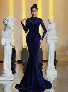 Glamrae 优雅奢华亮片撞色天鹅绒美人鱼下摆紧身连衣裙，带拖尾，适合婚礼、派对、舞会、正式活动、婚礼宾客礼服、派对礼服、晚礼服、长袍 - 藏蓝色 - 查看 3