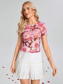 SHEIN LUNE Dames roze bloemenprint mesh nauwsluitend T-shirt met korte mouwen, Valentijnsdag, zomer