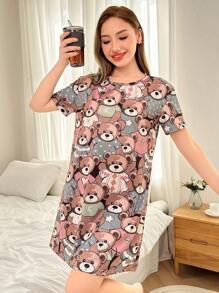 Dream Adore Camisón de cuello redondo de manga corta con estampado total minimalista para mujer, uso diario casual