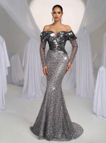 Glamrae 优雅奢华深灰色撞色露肩透视长袖缎面串珠亮片美人鱼鱼尾裙，带拖尾，适合婚礼、单身派对、度假、庆典、晚会、婚礼宾客礼服、长袍