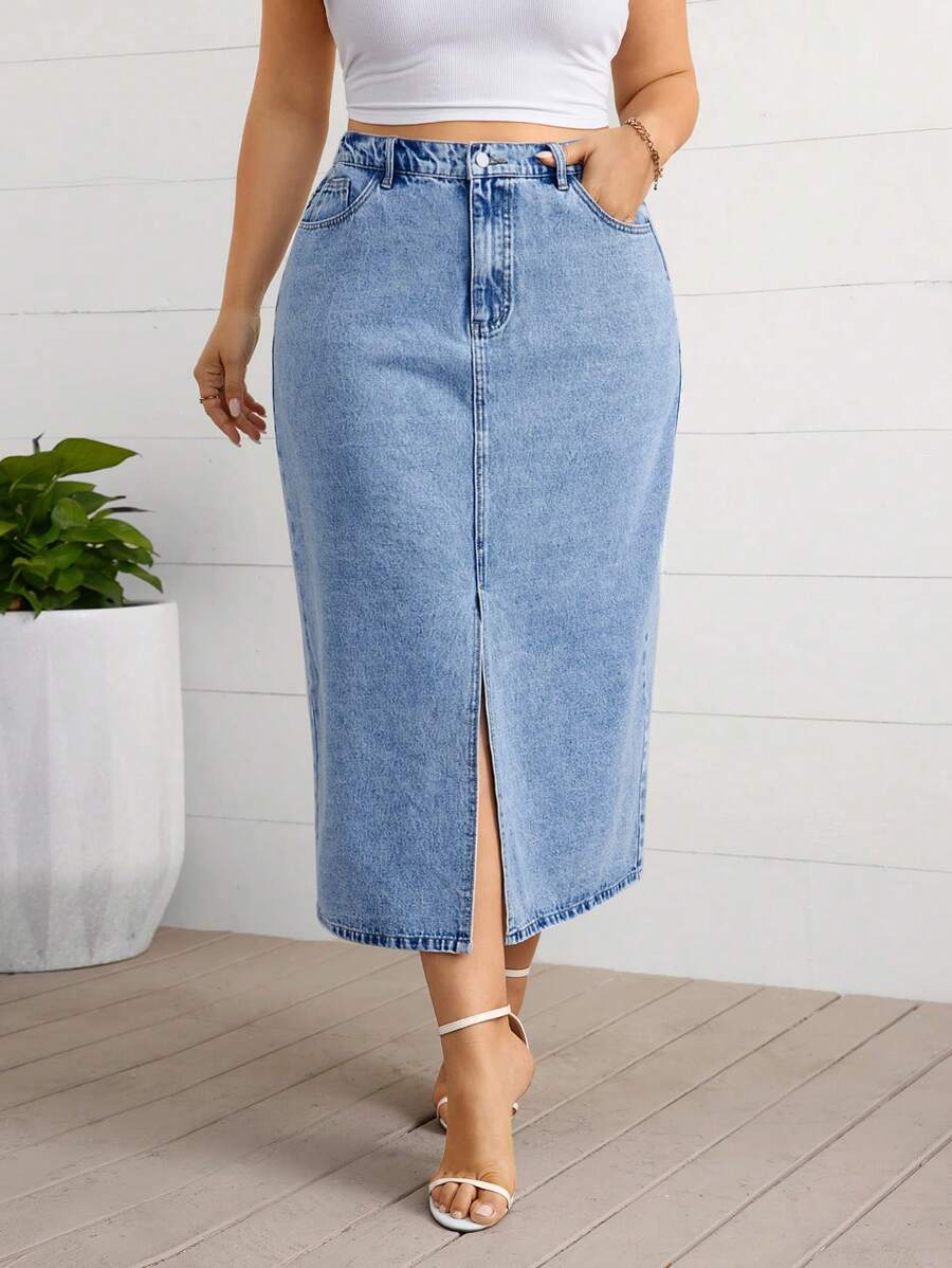 Firerie Plus Size Front Button Pocket Slit Minimal Casual Denim Mini Skirt - Light Wash - View 1