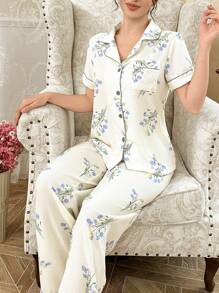 CottageSlumber Floral Print Women Contrast Trim Pocket Pajama Set Holiday Season, Bountiful Floral Splendor  Cozy And Elegant Details - Beige - View 3