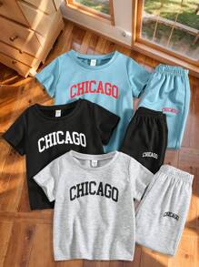 Conjunto de 6 piezas de ropa informal para niños pequeños con camiseta de cuello redondo con letras en inglés y pantalones cortos, apto para fiestas callejeras y en casa. Incluye chaqueta. Adecuado para niños en edad escolar, para usar a diario, para viajar, hacer deporte y en primavera, verano e invierno. Diseño de alto rendimiento.