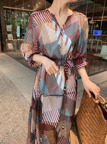 DAZY Women's Casual Holiday Geometric Print Dress,Ruffle Maxi Dress - Multicolor - View 5