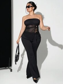 SHEIN ICON Top tipo tubo de malla con dobladillo asimétrico, cordón lateral y ribete de lechuga para talla grande en verano - Negro - Ver 6