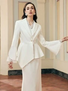 ZEYLAH WOMEN'S CONTRAST LACE ASYMMETRICAL HEM BLAZER - White - View 3