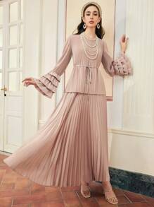 ZEYLAH WOMEN'S 2PCS RUFFLE HEM SLEEVES PLEATED TOP AND PLEATED MAXI SKIRT - Pink - View 3