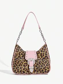 SHEIN ICON 女士, 女式单肩包, 流浪包, 时尚, 个性, 简约, 百搭, 街头, 甜美酷炫女孩, 辣妹, 千禧一代, 复古, 铆钉, 复古, 豹纹, 动物纹, 复古钻石五金扣, 粉色, 青少年,