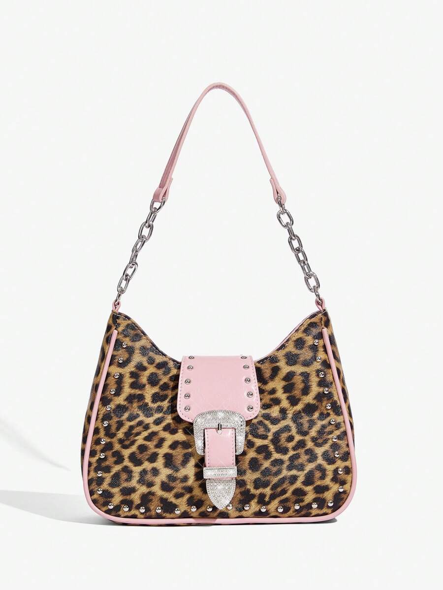 SHEIN ICON 女士, 女式单肩包, 流浪包, 时尚, 个性, 简约, 百搭, 街头, 甜美酷炫女孩, 辣妹, 千禧一代, 复古, 铆钉, 复古, 豹纹, 动物纹, 复古钻石五金扣, 粉色, 青少年,