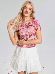 SHEIN LUNE Dames roze bloemenprint mesh nauwsluitend T-shirt met korte mouwen, Valentijnsdag, zomer