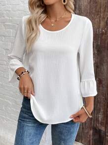 EMERY ROSE Women Solid Color Round Neck Ruffle Hem Casual Versatile Blouse - White - View 3