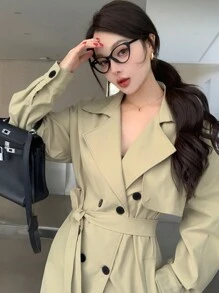 DAZY Abrigo de gabardina holgado con doble botonadura para mujer