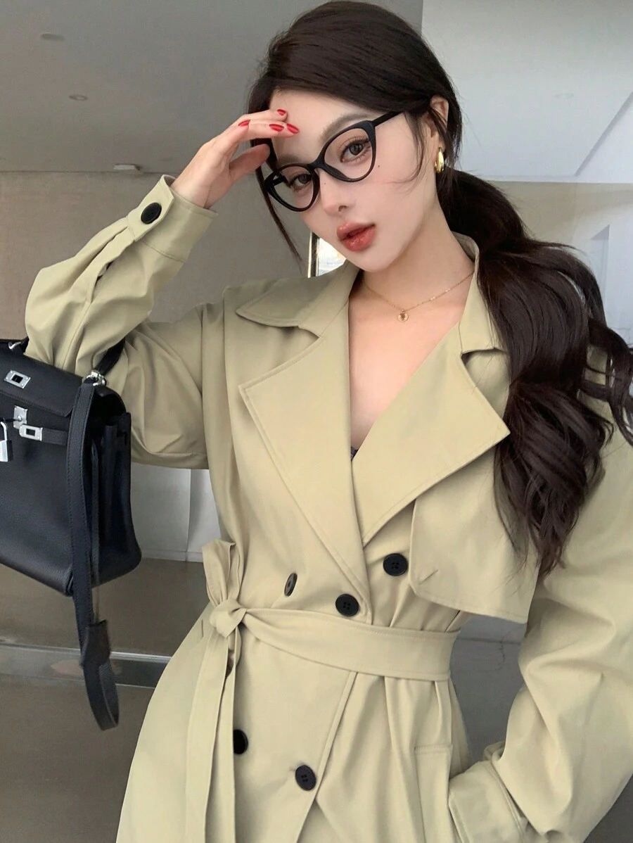 DAZY Abrigo de gabardina holgado con doble botonadura para mujer
