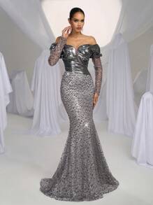 Glamrae 优雅奢华深灰色撞色露肩透视长袖缎面串珠亮片美人鱼鱼尾裙，带拖尾，适合婚礼、单身派对、度假、庆典、晚会、婚礼宾客礼服、长袍