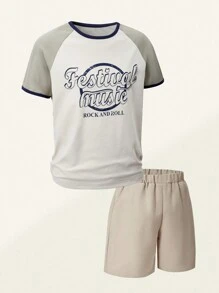 SHEIN Set de 2 piezas para niños mayores que incluye camiseta de manga corta con estampado vintage americano y pantalones cortos casuales a juego