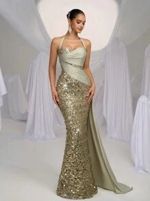 Glamrae Abito elegante, lussuoso e romantico, verde, con grandi paillettes, rifiniture in raso, vestibilità aderente, spacco sul retro, svasato sui lati, adatto per eventi di matrimonio, addio al nubilato, cene di gala, abito da cerimonia, abito da sera, abito da sera elegante - Verde - Visualizzare 6
