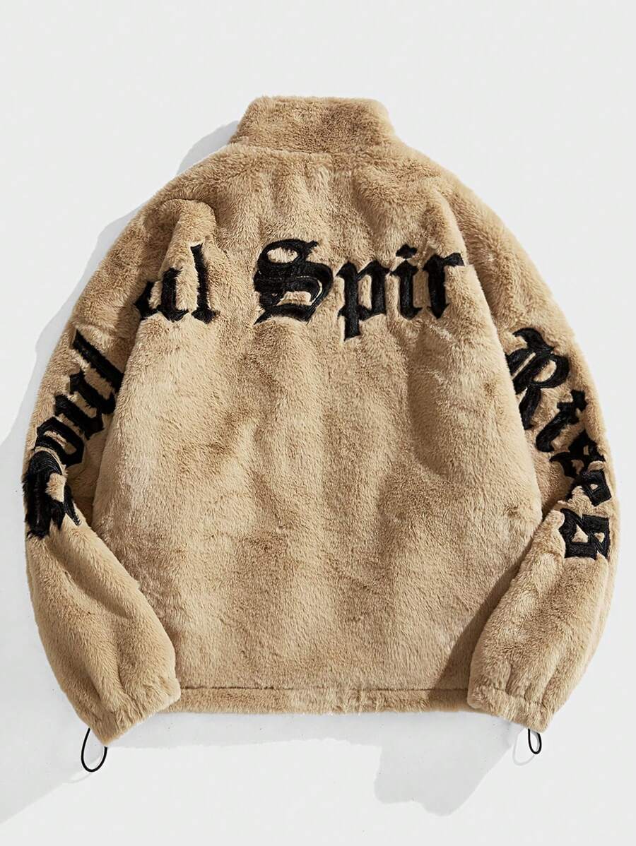 Manfinity VCAY Men's Korean Style Loose Fit Long Sleeve Rabbit Fur Jacket, For Fall Winter - Khaki - View 1