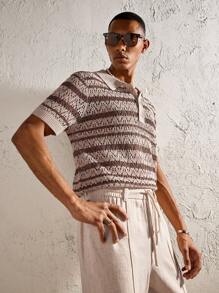 AKNOTIC Party Camisa polo para hombres con cuello a rayas en contraste de color café, ajuste slim, manga corta, adecuado para el uso diario