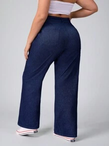 Flexra Plus Size Women Button Front Straight Leg Stretchy Knit Denim Apple Bottom Jeans Casual Jeans