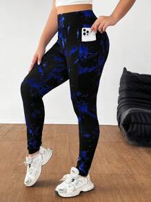 SHEIN EZwear 大码休闲扎染紧身裤，适合慢跑和健身 - 藏蓝色 - 查看 8