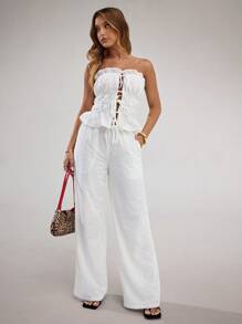 SHEIN BAE Women's White Solid Color Front Tie Pocket Embroidered Casual Loose Wide Leg Pants, Suitable For Daily, Vacation, Spring/Summer - White - View 3