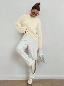 SHEIN Unity Women's Solid Color Round Neck Long Sleeve Simple Casual Pullover Sweater - Apricot - View 5