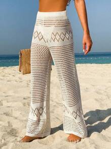 Women's Solid Color Beach Vacation Breathable Mesh Hollow Design Loose Summer Knitted Cover Up Pants - Apricot - View 1