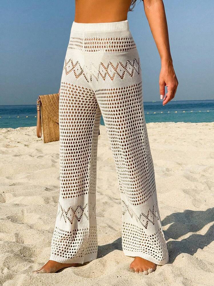 Women's Solid Color Beach Vacation Breathable Mesh Hollow Design Loose Summer Knitted Cover Up Pants - Apricot - View 1