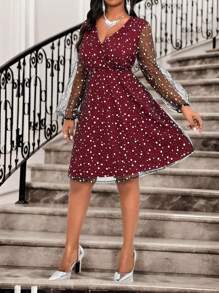 SHEIN Lady Autumn And Winter Elegant Party Wedding Valentine's Day New Year Party Valentine's Day Cocktail Party Concert/Music Festival Deep Red Overlap Collar Flared Contrast Mesh Midi Long Sleeve Plus Size Dresses Valentine's Day New Year Party Elegant Women Dresses Classy Outfits Elegant Dress Wedding New Year Eve Dress New Years Women Outfit Holiday Clothes Holiday Party Dress Red Dress Valentine's Day - Burgundy - View 1