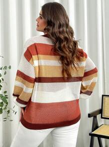 SHEIN Frenchy Plus Size Elegant Casual College Style Striped Contrast Color Round Neck Loose Basic Hollow Out Vacation Casual Pullover Sweater Fall/Winter - Multicolor - View 8