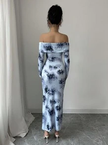Elenzga Floral Print Off Shoulder Bodycon Dress - Blue - View 2