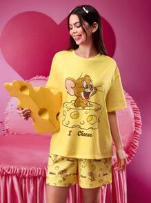 TOM & JERRY X SHEIN Women Yellow Cheese Jerry Cartoon Print Pajama Short Sleeves Set Women Sleepwear Christmas Pajamas Valentine's Day Funny T Shirt Spring&Summer 2 Pieces Sets Ladies