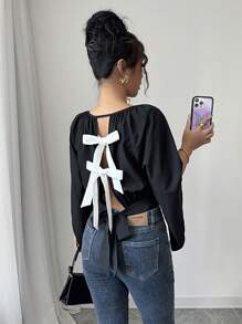 Elenzga Women Contrast Color Patchwork Round Neck Casual Blouse, Daily Wear