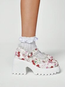 ROMWE Kawaii 女士白色玛丽珍鞋，蕾丝边娃娃鞋，绑带和蝴蝶结装饰，甜美高跟鞋，厚底正装鞋 - 白色 - 查看 6