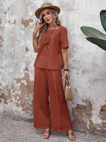 EMERY ROSE Women's Solid Color Short Sleeve & Pants Set, Casual Vacation Outfit - Rust Brown - View 4