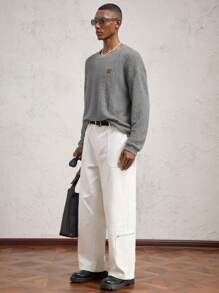 AKNOTIC Business Casual 男士宽松圆领落肩长袖休闲 T 恤，适合秋冬季，字母印花凸起徽章，羊毛面料，绿色拼色 - 深灰色 - 查看 6