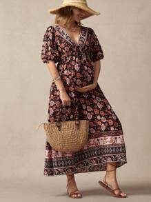 SHEIN Maternity Casual Floral Print Lantern Sleeve Dress