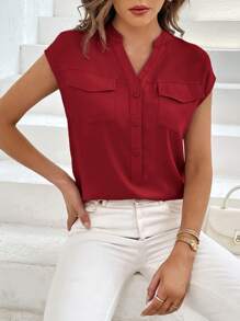 SHEIN Essnce Blusa casual y de oficina con cuello entallado de unicolor para mujeres - Burdeos - Ver 4