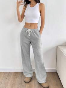 SHEIN PETITE 灰色低腰抽绳系带斜口袋直筒阔腿运动裤，时尚简约休闲日常百搭，适合娇小女性，春秋季 - 灰色 - 查看 3