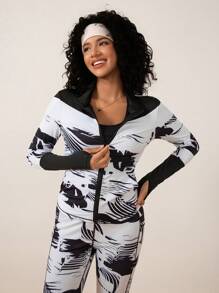 Easithlete Women Simple Solid Color Contrast Splicing Front Zipper Long Sleeve Casual Sports Jacket