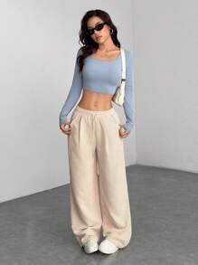 SHEIN PETITE Women's Autumn And Winter Street Fashion Casual Retro Corduroy Textured Pants - Apricot - View 6