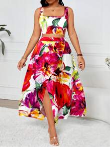 Breezaya 大码复古、优雅、浪漫、假日风格，彩色花卉印花短款上衣和高腰开叉长裙两件套，可分开搭配百搭日常服装，适合夏季、学校、毕业典礼、假期、节日、派对、约会、户外活动 - 彩色 - 查看 1