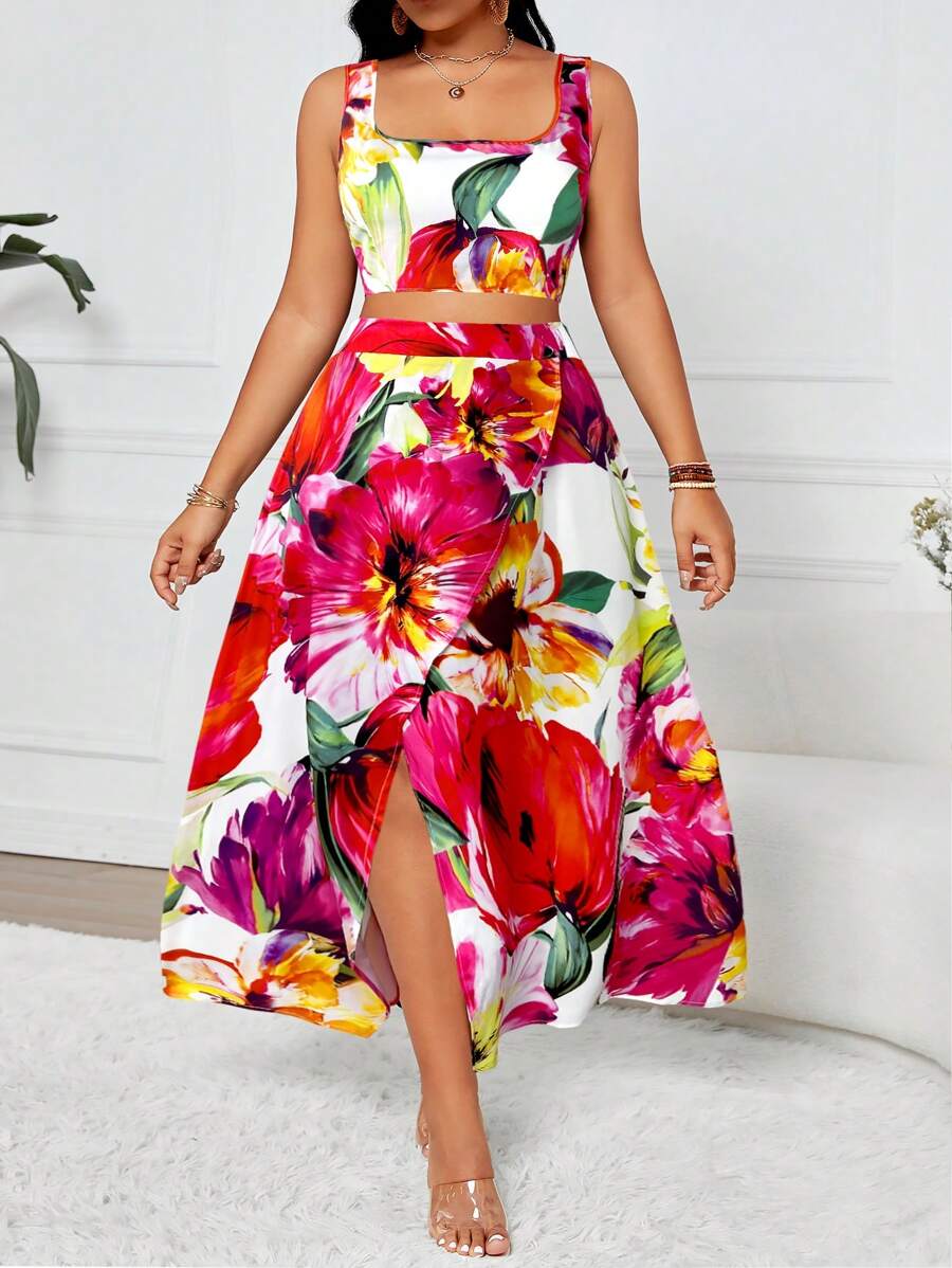 Breezaya 大码复古、优雅、浪漫、假日风格，彩色花卉印花短款上衣和高腰开叉长裙两件套，可分开搭配百搭日常服装，适合夏季、学校、毕业典礼、假期、节日、派对、约会、户外活动 - 彩色 - 查看 1