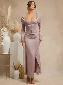 L'Amorae Women's Elegant Dusty Mauve Satin And Lace Long Sleeve Hollow Out Slim Fit Bustier Top,Autumn Night Out Corset Top With Front Buttons For Parties - Mauve Purple - View 4