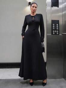 RueChic WOMAN BLACK BOW DECOR LONG ELEGANT DRESS - Black - View 4