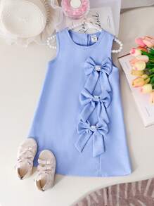 SHEIN Young Girl' Summer Sleeveless Dress With Large Bow, Blue, Elegant, Sweet, Fashion, Sleeveless Princess Style