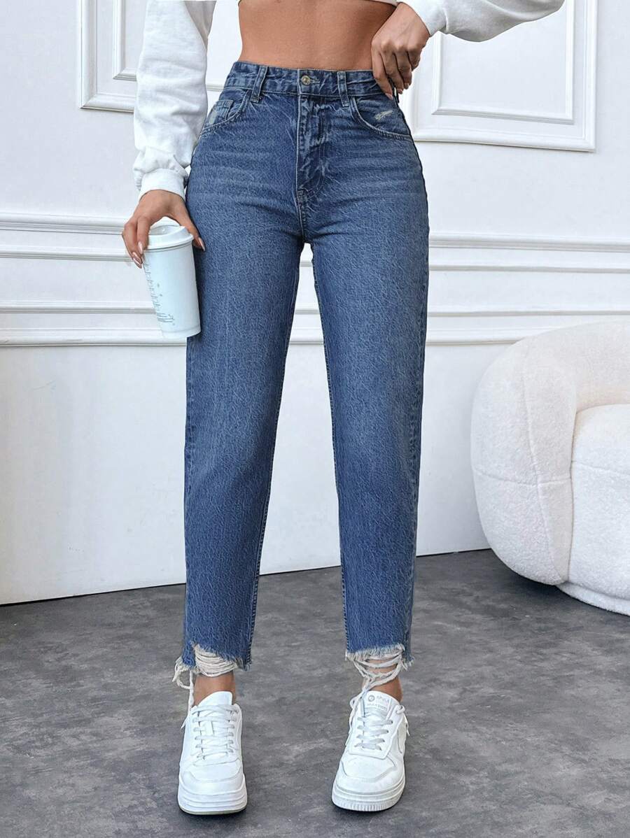 SHEIN Cottnline 100%Cotton Ladies' Distressed Frayed Hem Denim Jeans - Light Wash - View 1